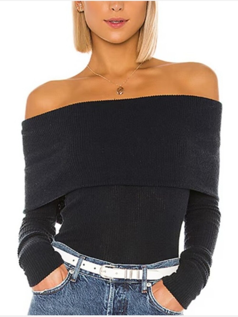 We The Free Snow Bunny Off-Shoulder Black Ribbed Women's Sweater Black Sz Large